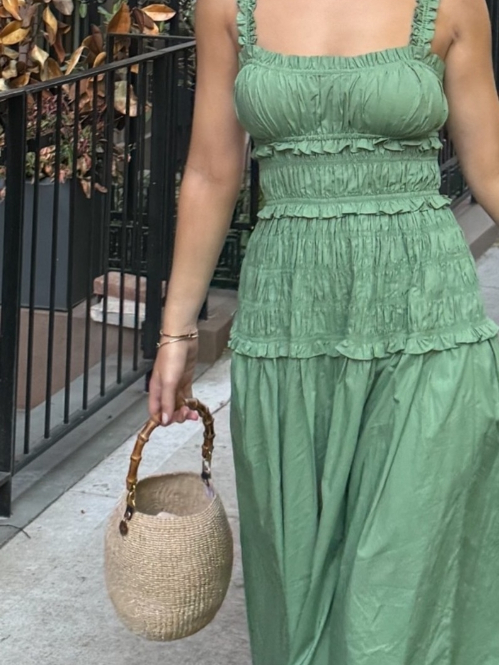 Doen Sage Green Smocked Ruffle Midi Dress
